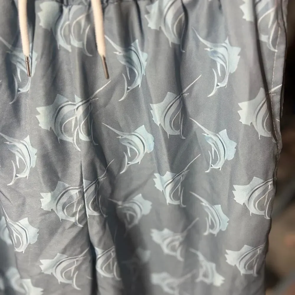 Mens Marlin Swordfish Swim Trunks Board Shorts Elastic Waist Light Blue Medium
